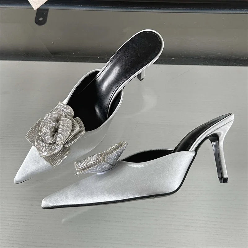 New Design Silk Pointed Toe Slippers Thin Party Dress Mule Shoes Low Heel Pumps