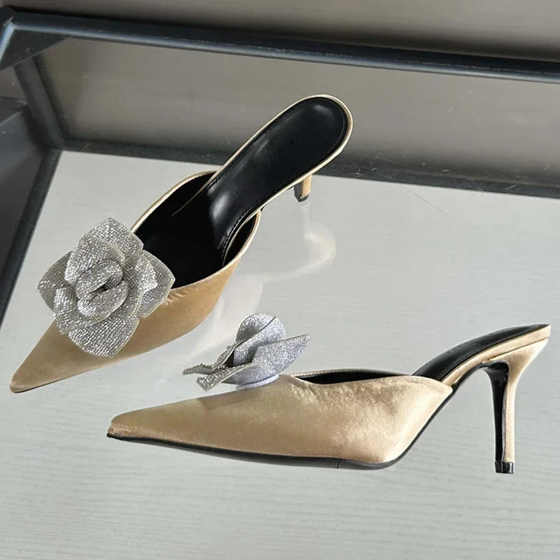 New Design Silk Pointed Toe Slippers Thin Party Dress Mule Shoes Low Heel Pumps