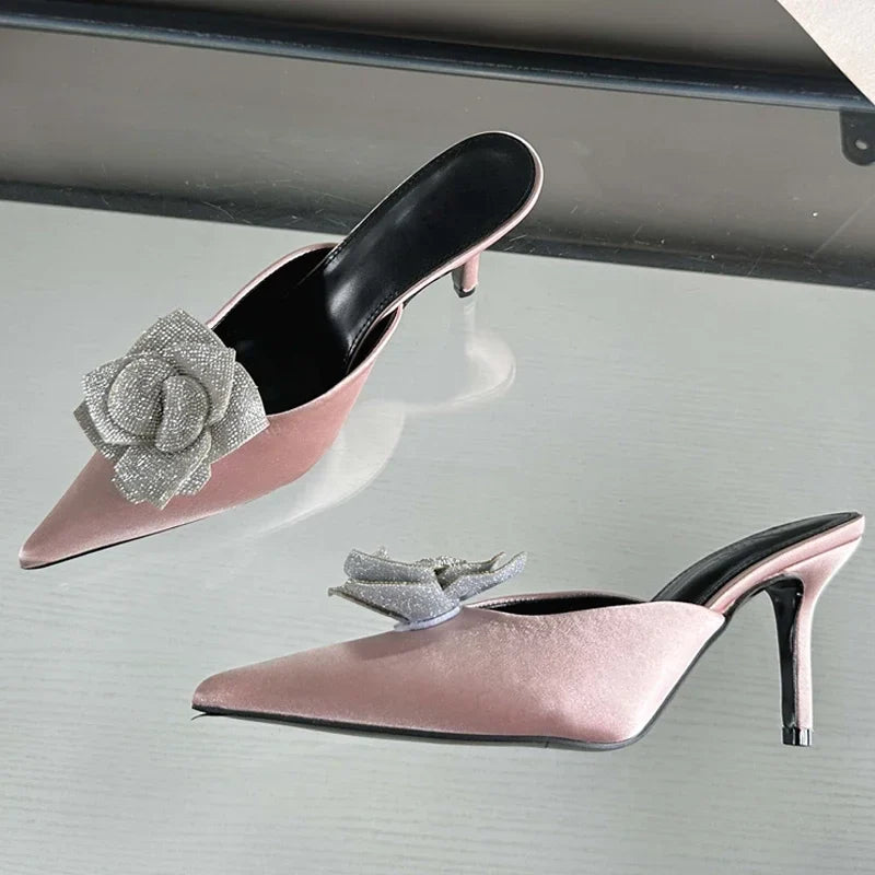 New Design Silk Pointed Toe Slippers Thin Party Dress Mule Shoes Low Heel Pumps