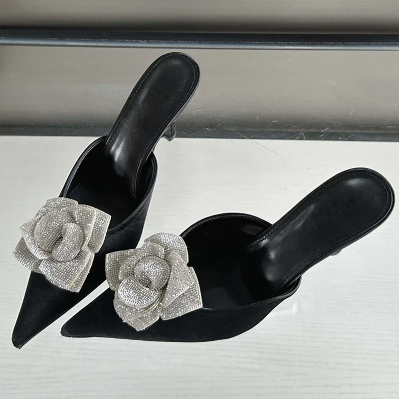 New Design Silk Pointed Toe Slippers Thin Party Dress Mule Shoes Low Heel Pumps