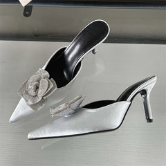 New Design Silk Pointed Toe Slippers Thin Party Dress Mule Shoes Low Heel Pumps