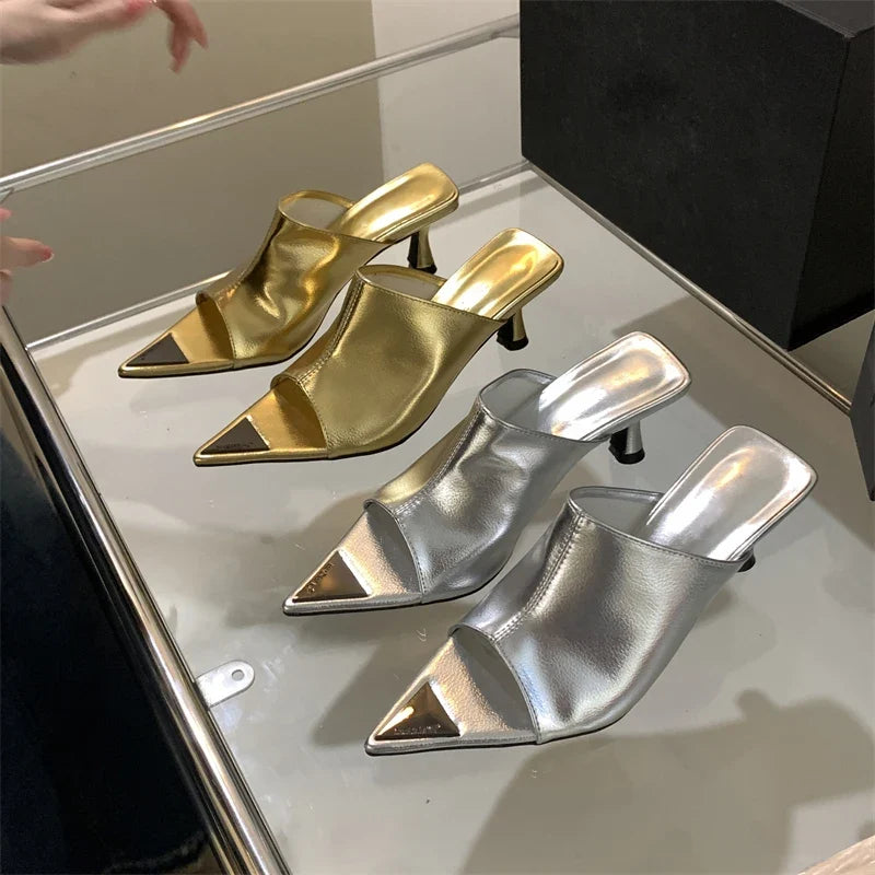 New Pointed Peep Toe Slide Slippers Thin Banquet Party Prom Designer Shoes Low Heel Pumps