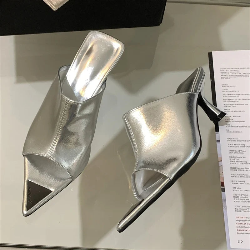 New Pointed Peep Toe Slide Slippers Thin Banquet Party Prom Designer Shoes Low Heel Pumps