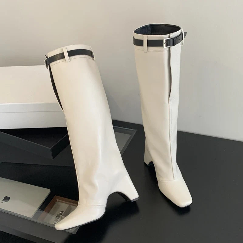 New Street Style Belt Buckle Strap Square Heels Stripper Knee High Boots