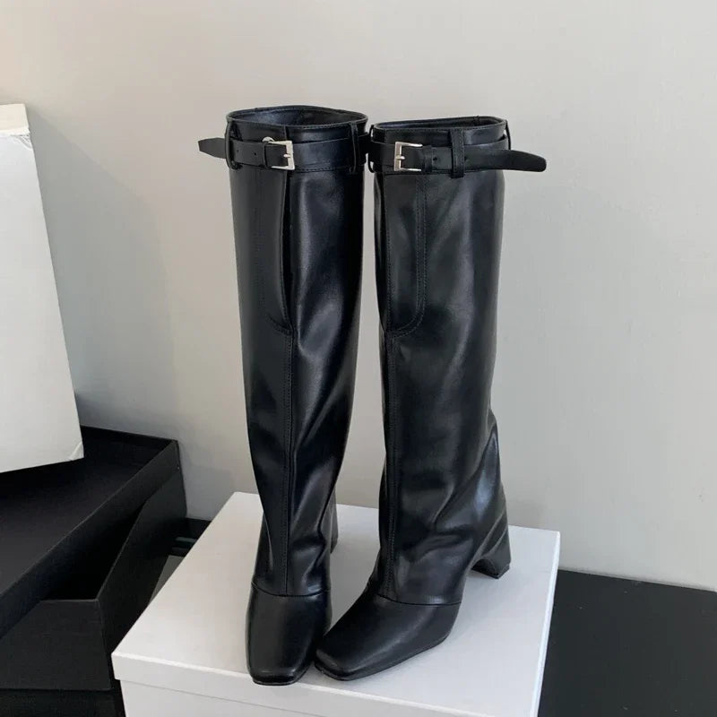New Street Style Belt Buckle Strap Square Heels Stripper Knee High Boots