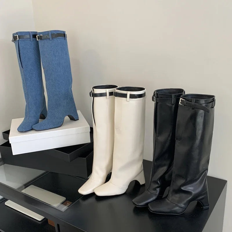 New Street Style Belt Buckle Strap Square Heels Stripper Knee High Boots