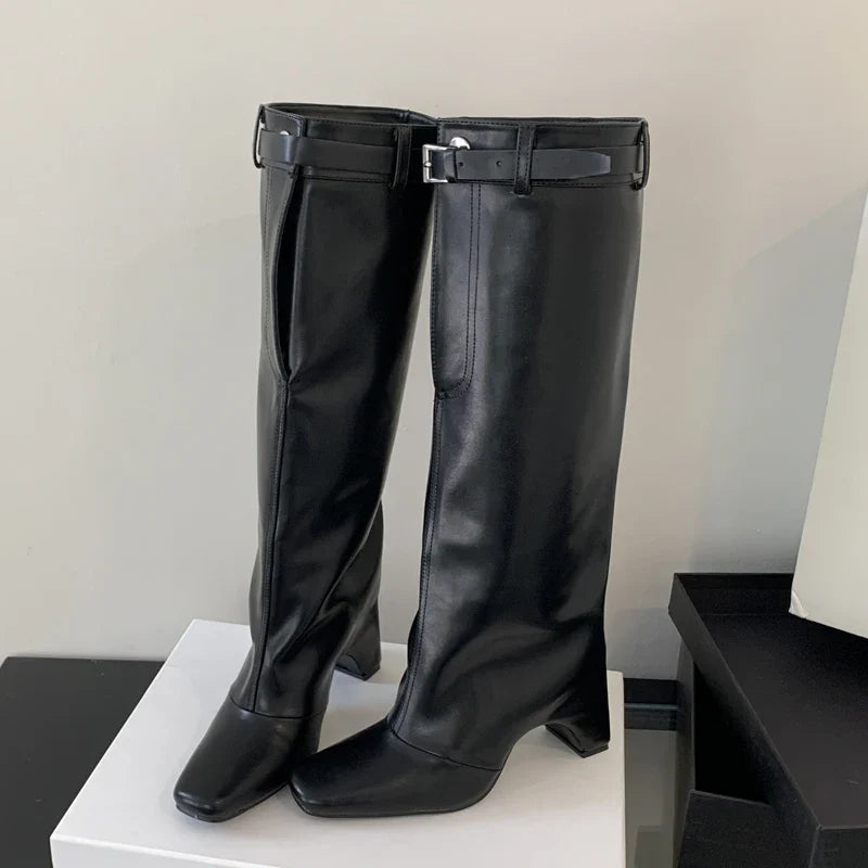 New Street Style Belt Buckle Strap Square Heels Stripper Knee High Boots