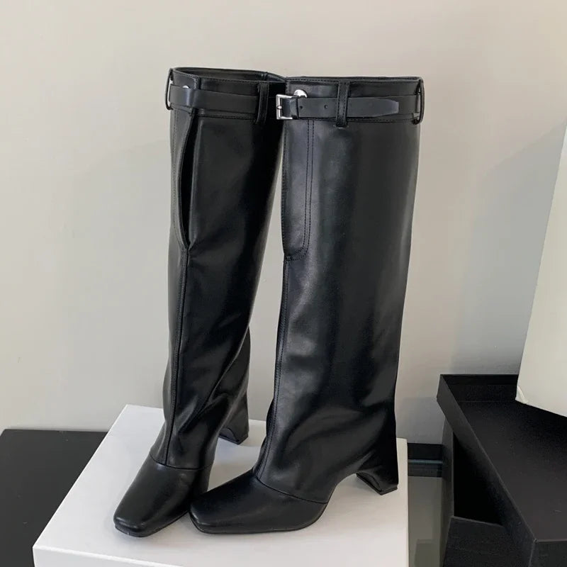 New Street Style Belt Buckle Strap Square Heels Stripper Knee High Boots