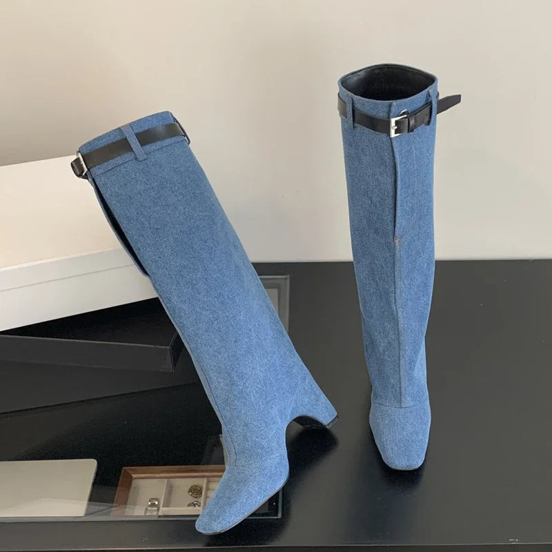 New Street Style Belt Buckle Strap Square Heels Stripper Knee High Boots