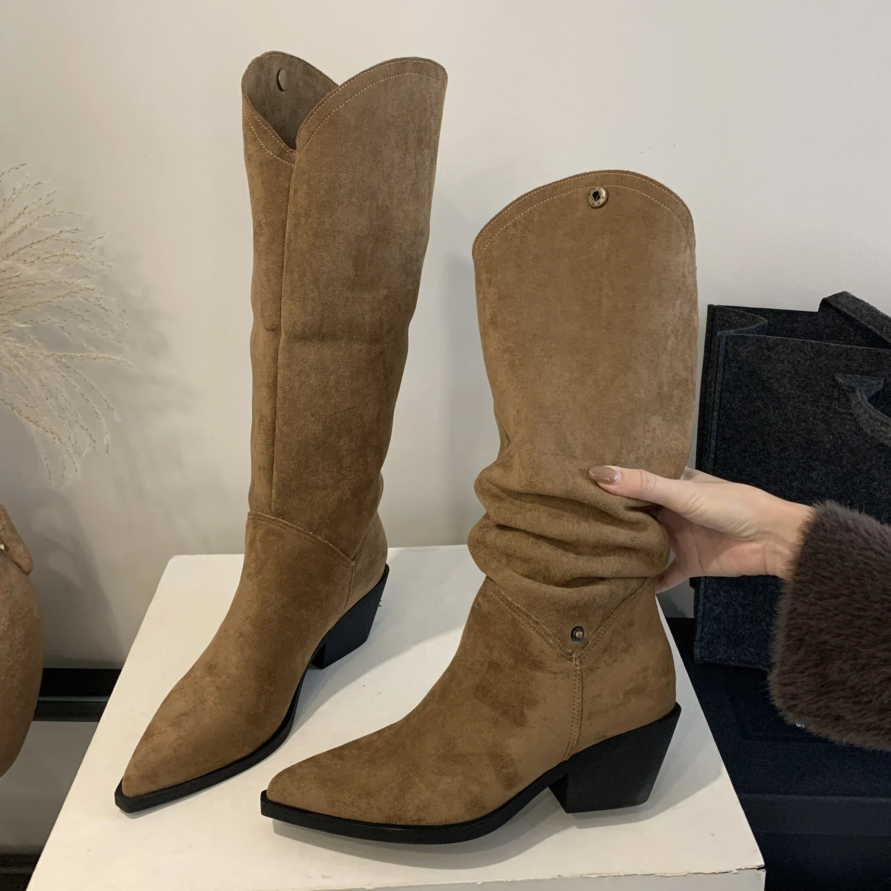 Retro Style Fold Button Pointed Toe Square Heels Casual Knee High Boots