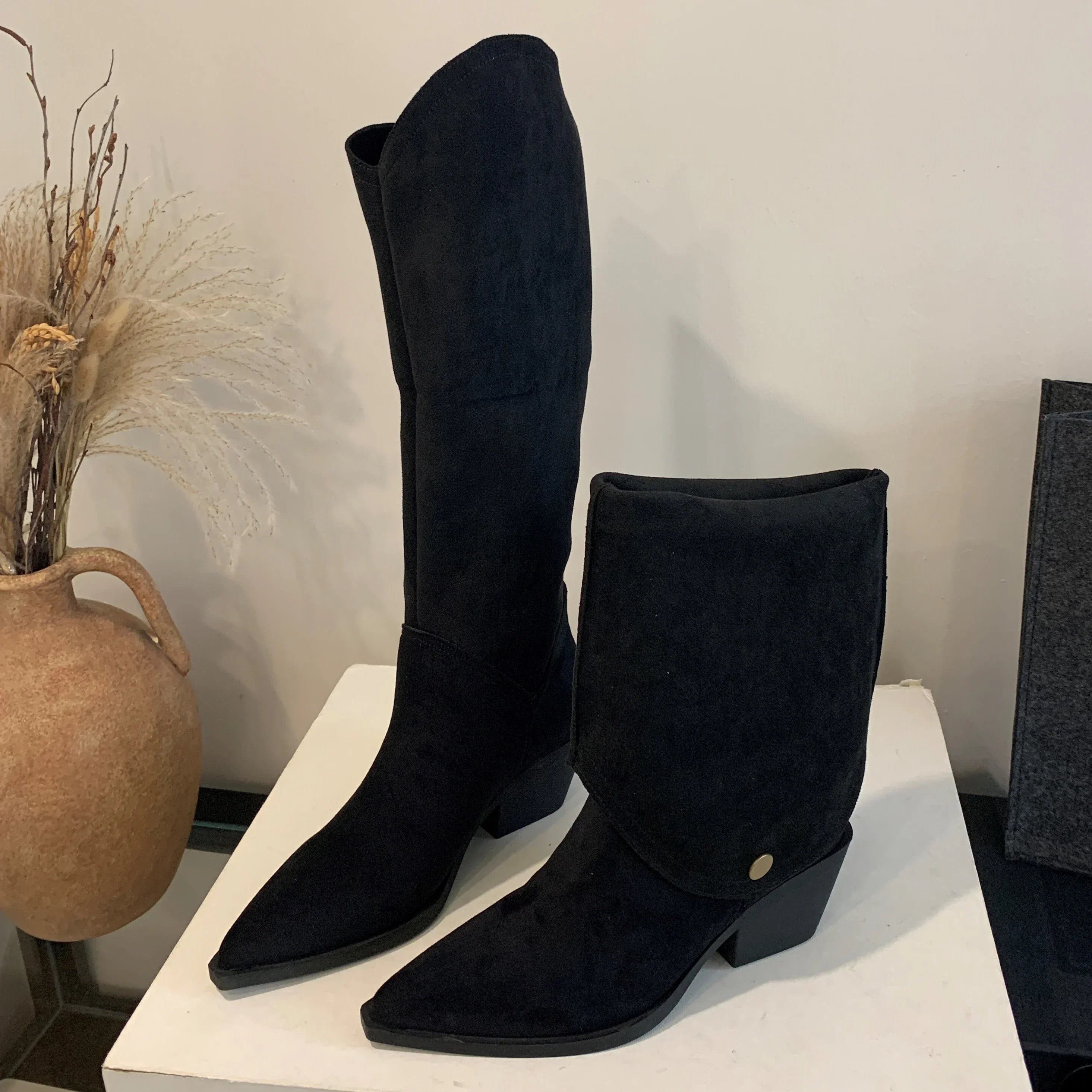 Retro Style Fold Button Pointed Toe Square Heels Casual Knee High Boots