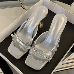 Sequined Square Toe Slippers Butterfly-knot Elegant High Dress Shoes Low Heel Pumps