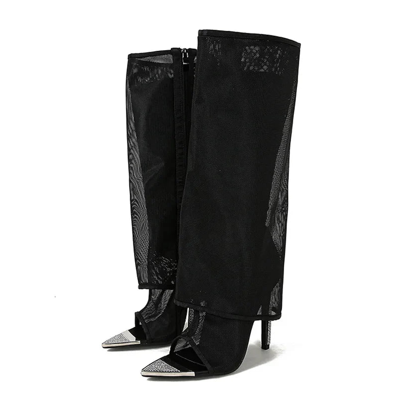 Mesh Very Light Comfort Thin Heels Open Toe Knee High Boots