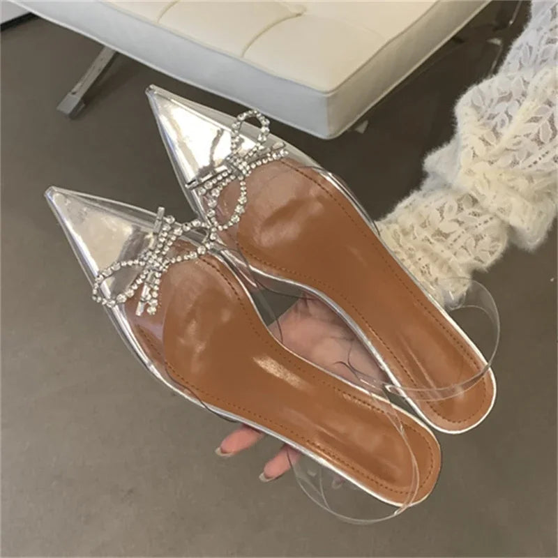 PVC Transparent Butterfly-knot Party Shoes Elegant Slingbacks Mules Sandals Low Heel Pumps