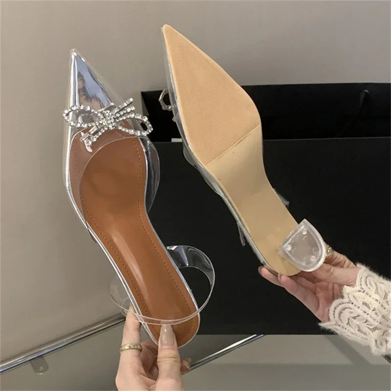 PVC Transparent Butterfly-knot Party Shoes Elegant Slingbacks Mules Sandals Low Heel Pumps