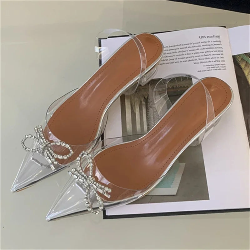 PVC Transparent Butterfly-knot Party Shoes Elegant Slingbacks Mules Sandals Low Heel Pumps
