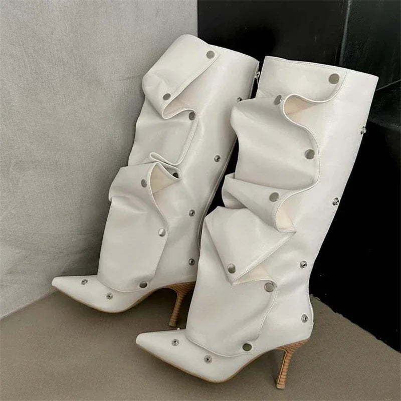 Pleated Button Strap Pointed Toe Thin Heels Night Club Stripper Knee High Boots