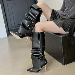 Pleated Button Strap Pointed Toe Thin Heels Night Club Stripper Knee High Boots
