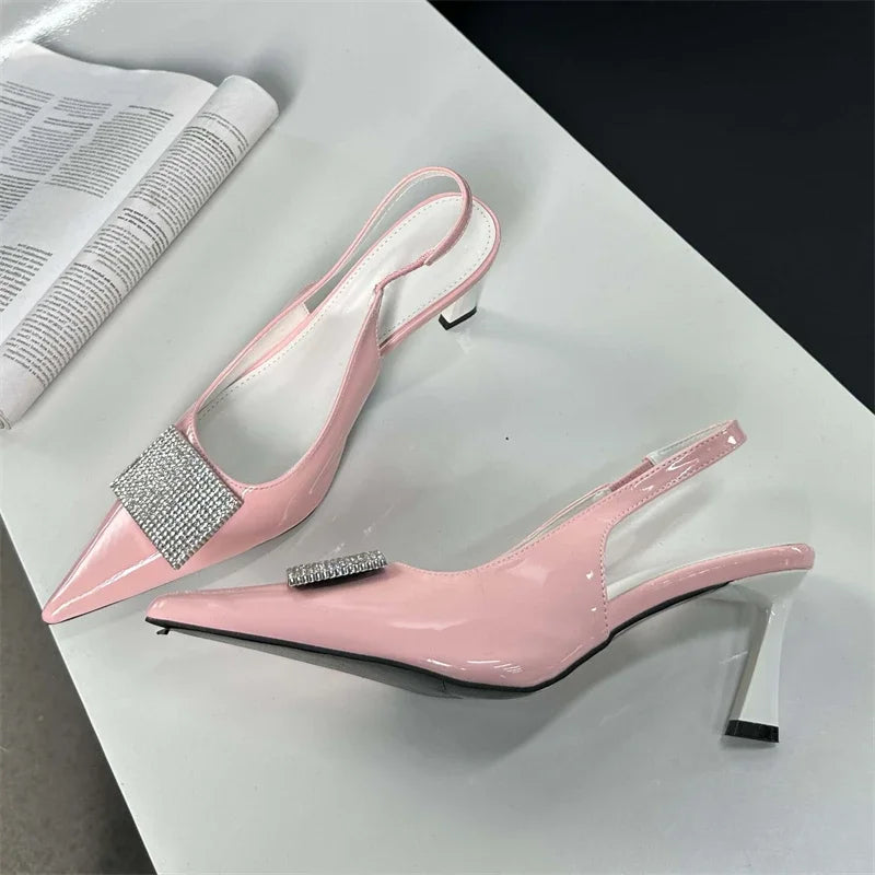 Square Button Thin Pointed Toe Slingback Mules Shoes Low Heel Pumps