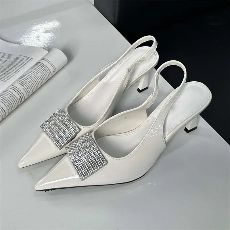 Square Button Thin Pointed Toe Slingback Mules Shoes Low Heel Pumps