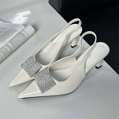 Square Button Thin Pointed Toe Slingback Mules Shoes Low Heel Pumps