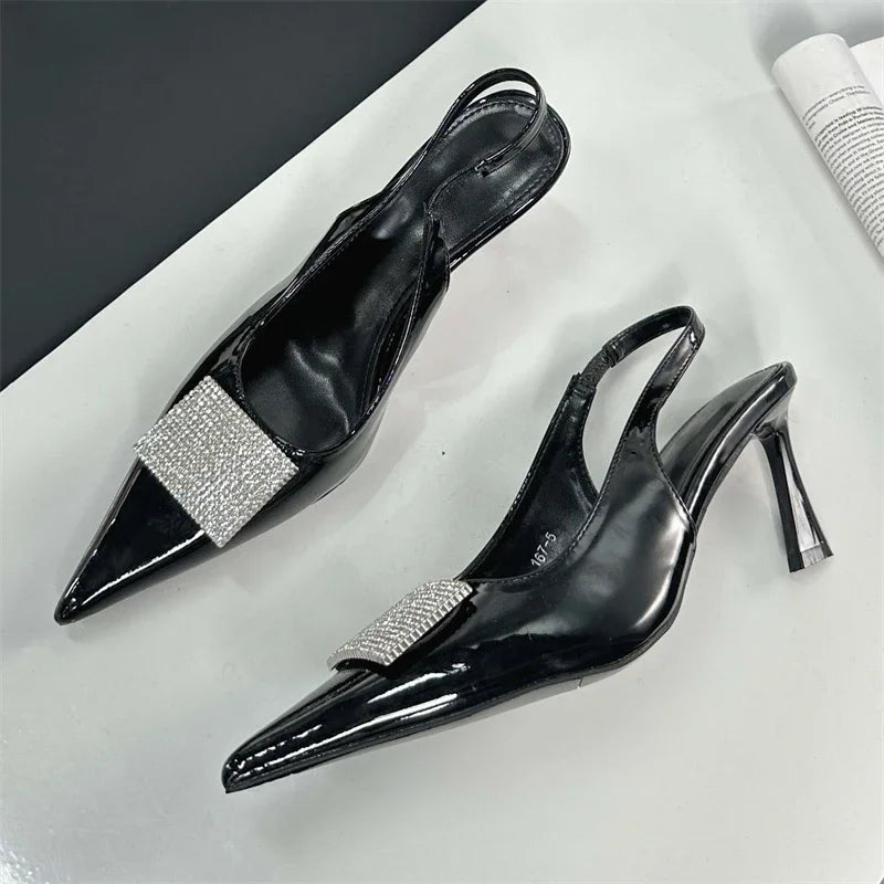Square Button Thin Pointed Toe Slingback Mules Shoes Low Heel Pumps