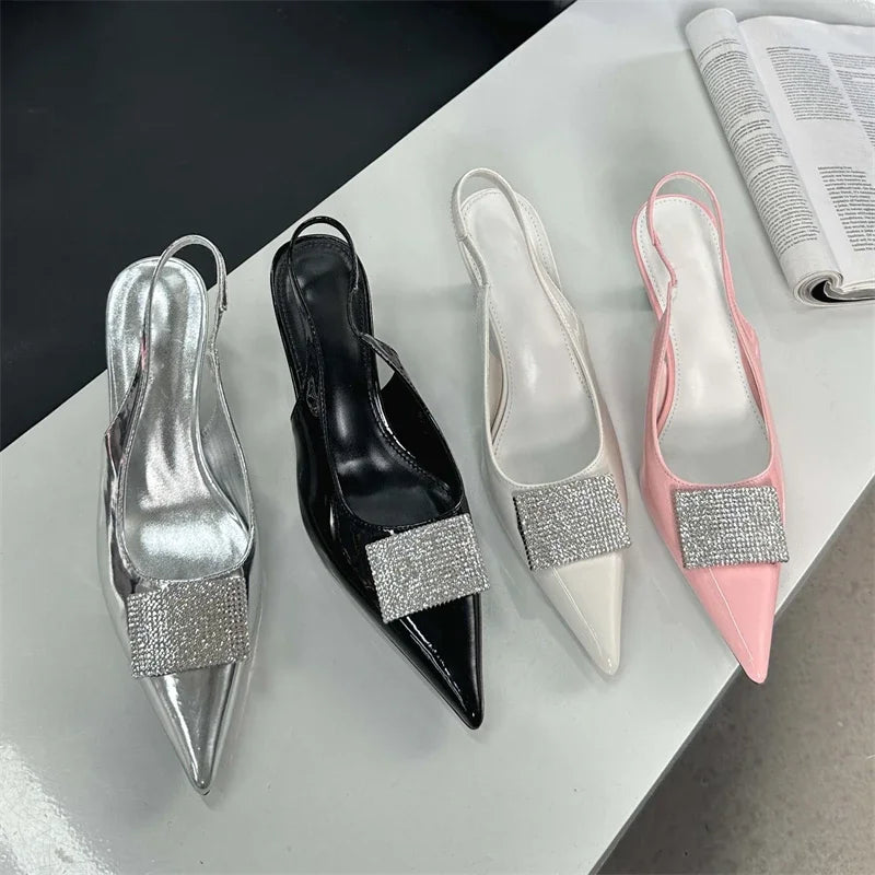 Square Button Thin Pointed Toe Slingback Mules Shoes Low Heel Pumps
