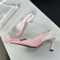 Square Button Thin Pointed Toe Slingback Mules Shoes Low Heel Pumps
