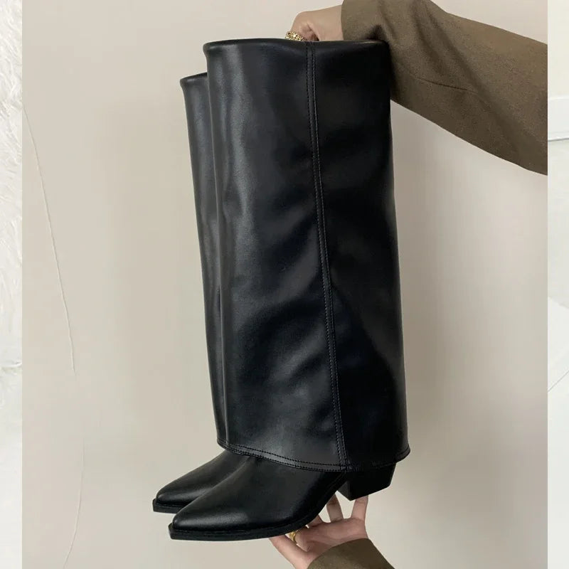 Spring Autumn Pointed Toe Designer Vintage Square Low Heels Knee High Boots