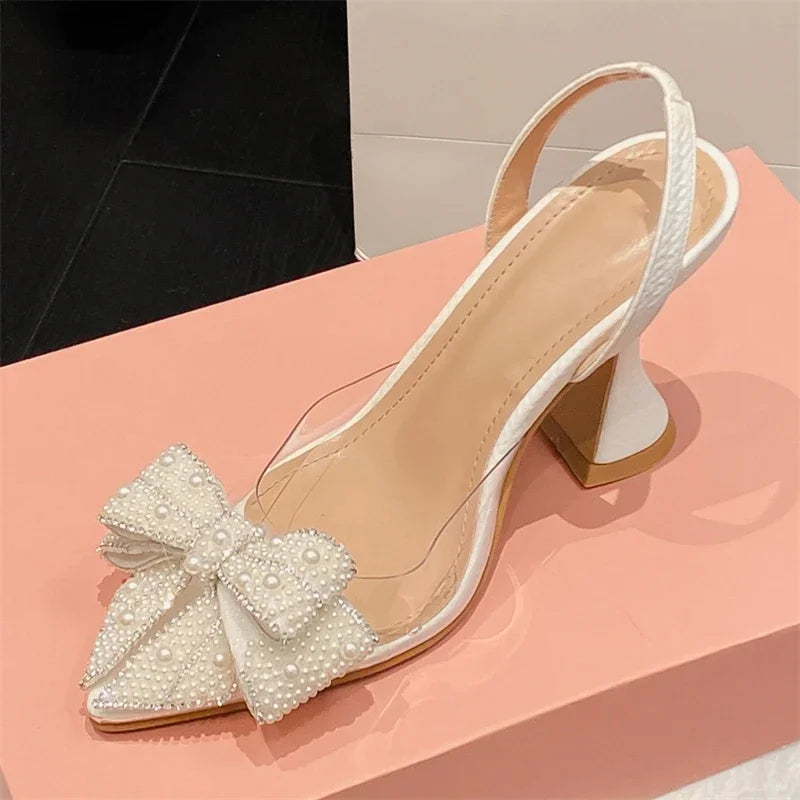 Spring Butterfly-knot PVC Transparent String Bead Pointed Toe Party High Mules Shoes Low Heel Pumps