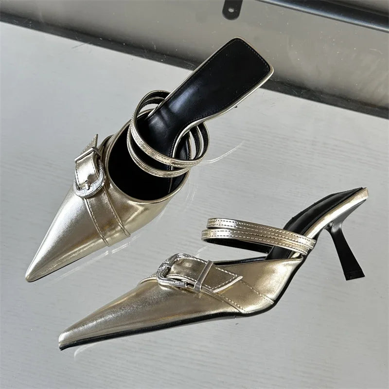 Spring Buckle Strap Design Style Thins Pointed Toe Shal Shoes Mules Sandals Low Heel Pumps