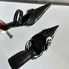 Spring Buckle Strap Design Style Thins Pointed Toe Shal Shoes Mules Sandals Low Heel Pumps