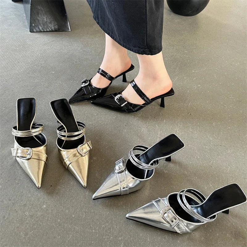 Spring Buckle Strap Design Style Thins Pointed Toe Shal Shoes Mules Sandals Low Heel Pumps