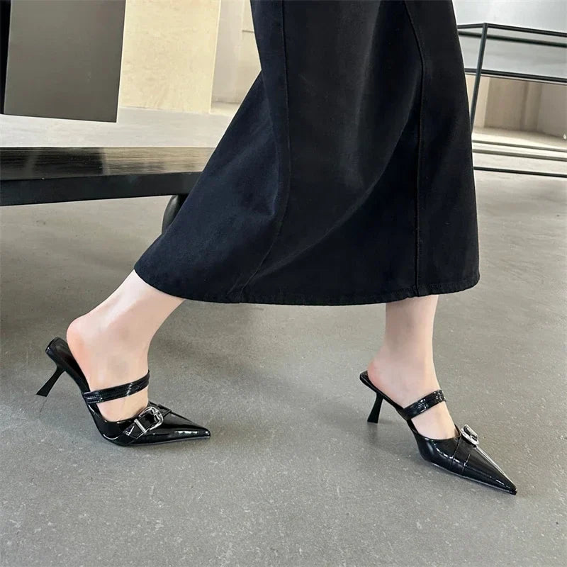 Spring Buckle Strap Design Style Thins Pointed Toe Shal Shoes Mules Sandals Low Heel Pumps