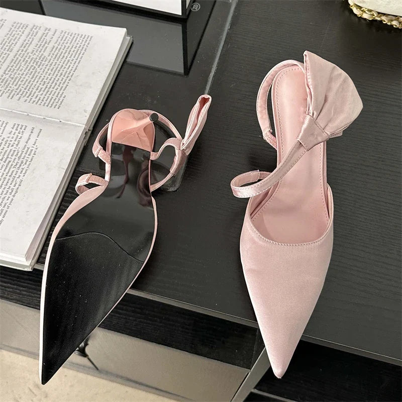 Spring Pleated Hol Pointed Toe Thin Elegant Party Slingbacks Mule Shoes Low Heel Pumps