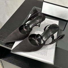 Spring Pleated Hol Pointed Toe Thin Elegant Party Slingbacks Mule Shoes Low Heel Pumps