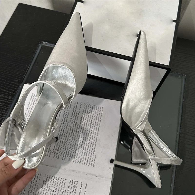 Spring Pleated Hol Pointed Toe Thin Elegant Party Slingbacks Mule Shoes Low Heel Pumps