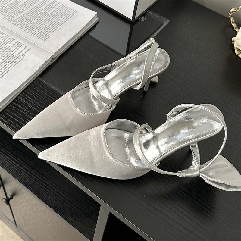 Spring Pleated Hol Pointed Toe Thin Elegant Party Slingbacks Mule Shoes Low Heel Pumps