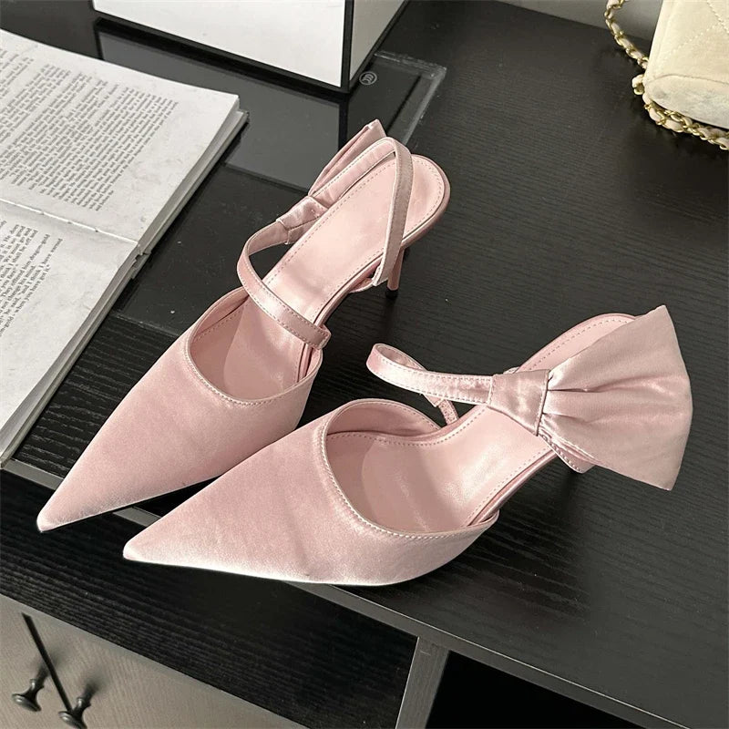 Spring Pleated Hol Pointed Toe Thin Elegant Party Slingbacks Mule Shoes Low Heel Pumps