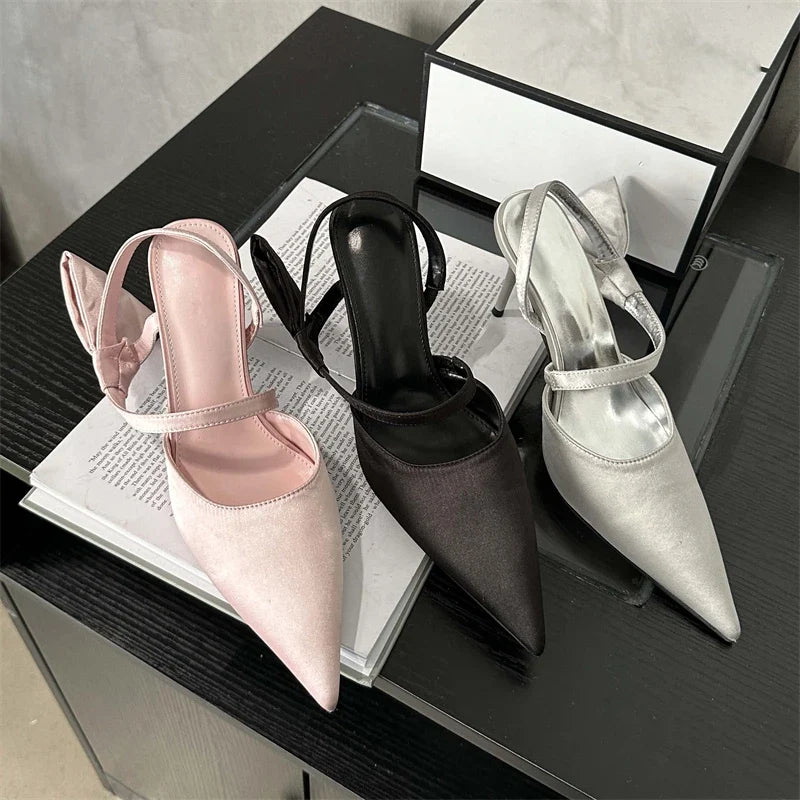 Spring Pleated Hol Pointed Toe Thin Elegant Party Slingbacks Mule Shoes Low Heel Pumps