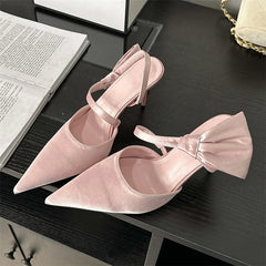 Spring Pleated Hol Pointed Toe Thin Elegant Party Slingbacks Mule Shoes Low Heel Pumps
