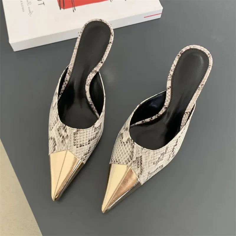 Spring Serpentine Pointed Toe Slippers Thins Stripper Mule Shoes Low Heel Pumps