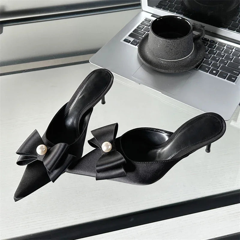 Spring Butterfly-knot Slipper Pointed Toe Slip On Elegant Mules Shoes Low Heel Pumps
