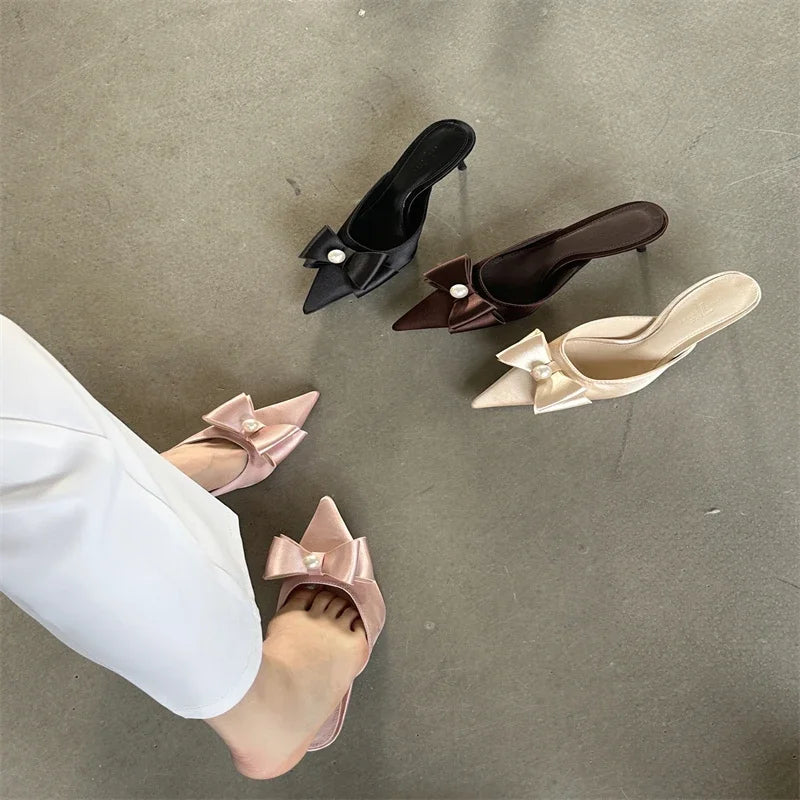 Spring Butterfly-knot Slipper Pointed Toe Slip On Elegant Mules Shoes Low Heel Pumps