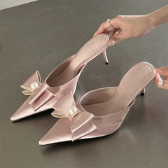Spring Butterfly-knot Slipper Pointed Toe Slip On Elegant Mules Shoes Low Heel Pumps