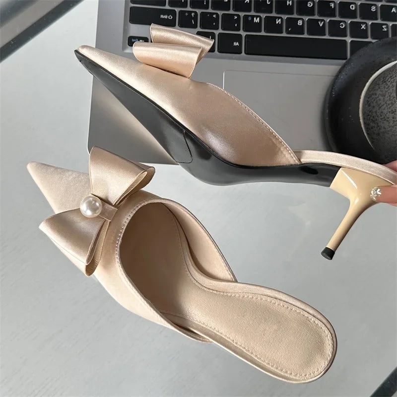 Spring Butterfly-knot Slipper Pointed Toe Slip On Elegant Mules Shoes Low Heel Pumps