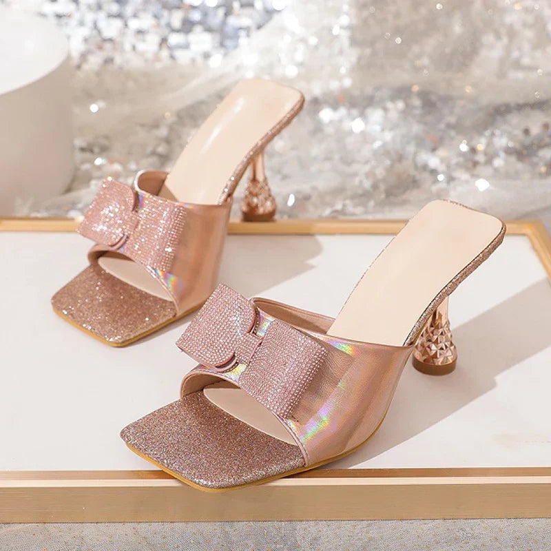 Square Toe Butterfly-knot Slippers Party Slide Shoes Low Heel Pumps