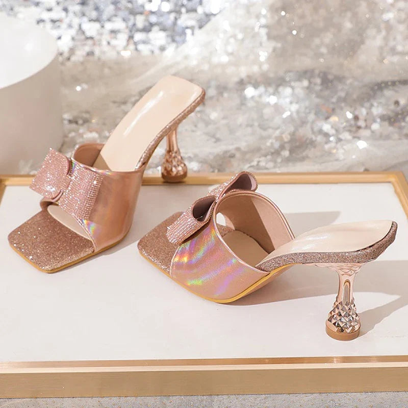 Square Toe Butterfly-knot Slippers Party Slide Shoes Low Heel Pumps