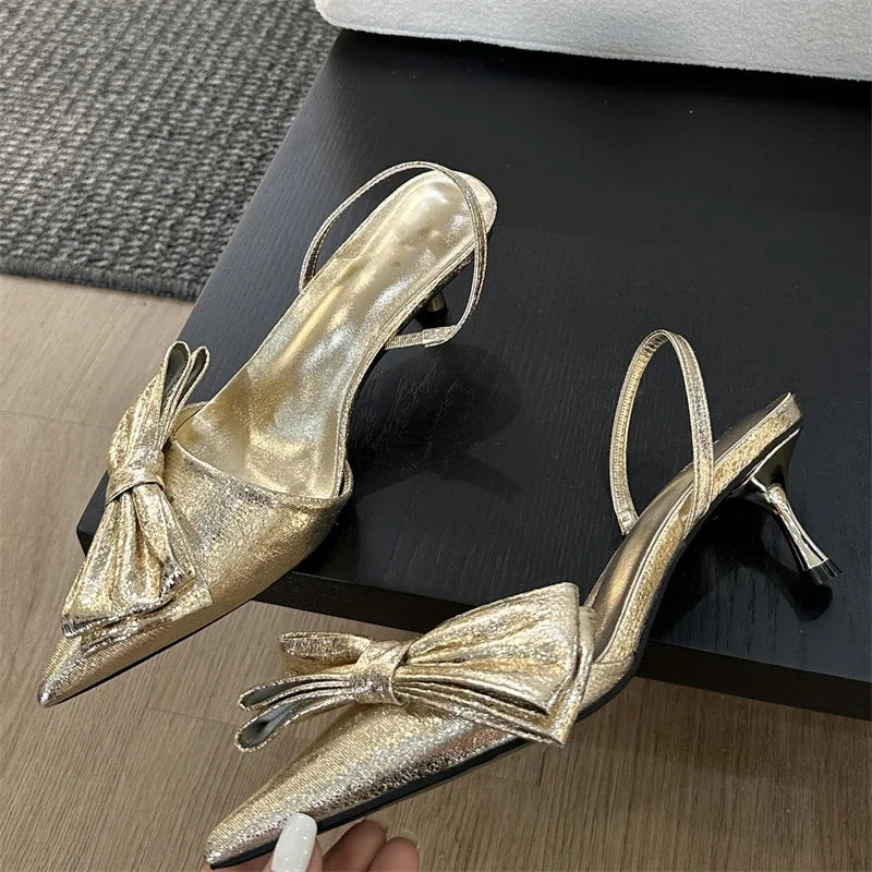 Street Style Butterfly-knot Pointed Toe Thin Shoes Elegant Slingbacks Sandals Low Heel Pumps