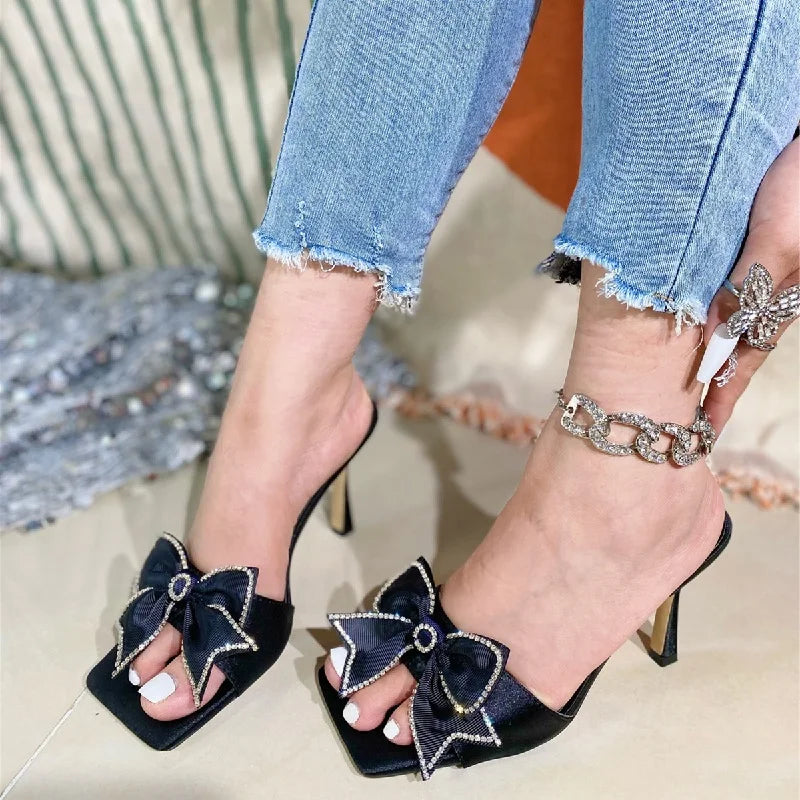 Street Style Bowknot Satin Thin Slippers Open Toe Gladiator Slides Shoes Low Heel Pumps